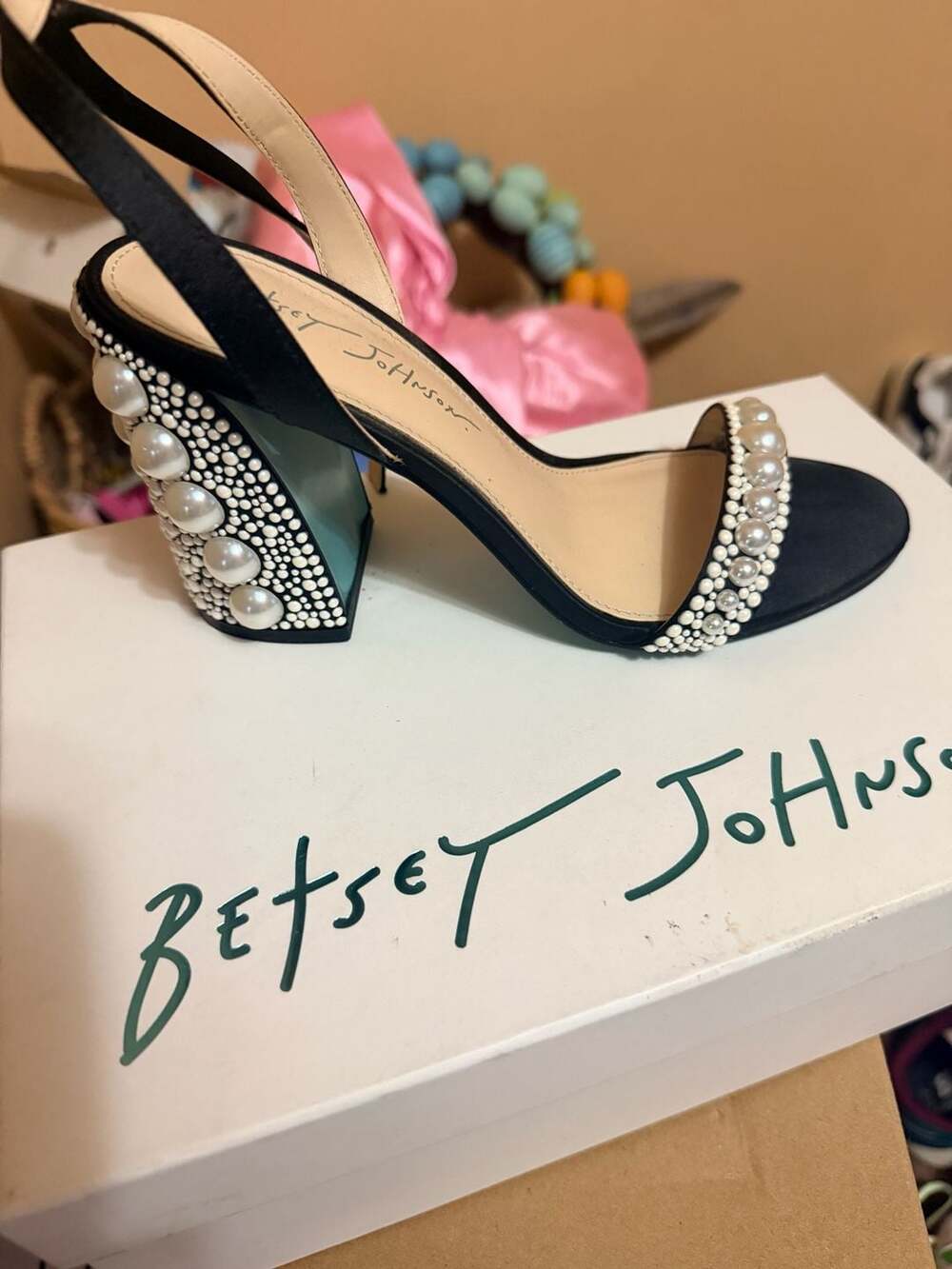 Betsey Johnson Tina Black Pearl Block Heel Sandal